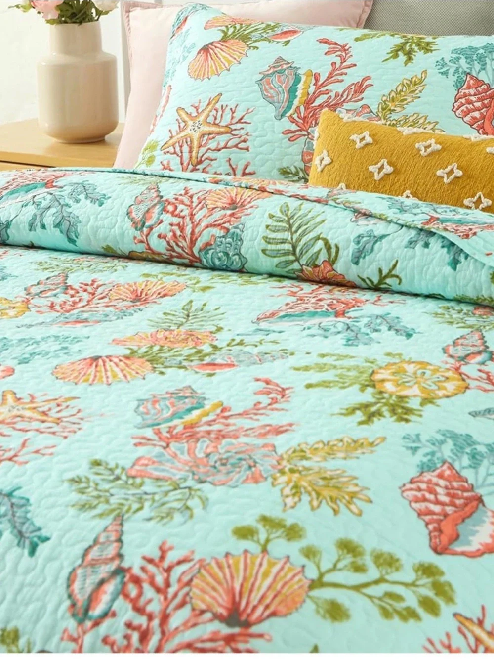 Aqua Seashell & Coral Quilt Set - Coastal Floral Bedding cotton fabric